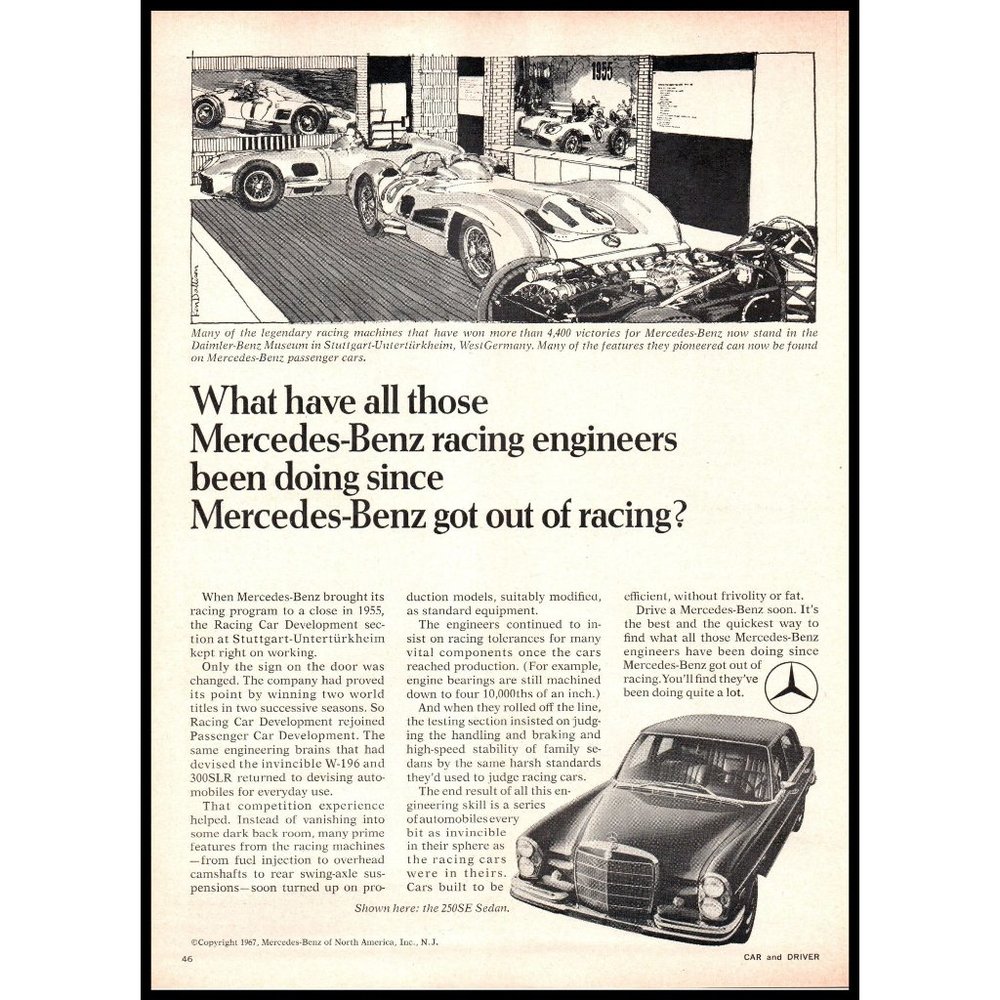 1968 Mercedes 250SE Sedan Vintage Print Ad Racing Engineers Man Cave Wall Art